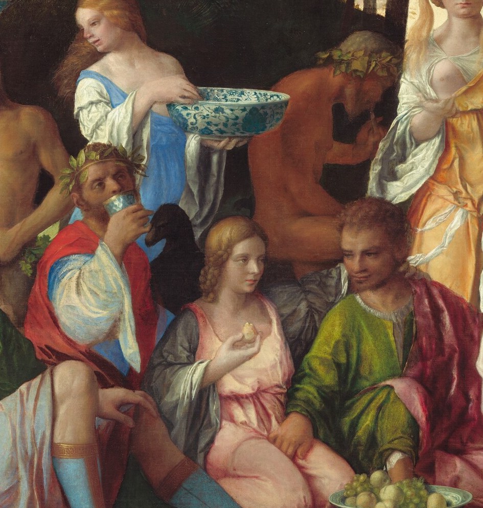 The feast's communal wine vessel; its mundane materiality grounds the divine scene and is rendered with conspicuous craft , a still-life passage within a mythological work.