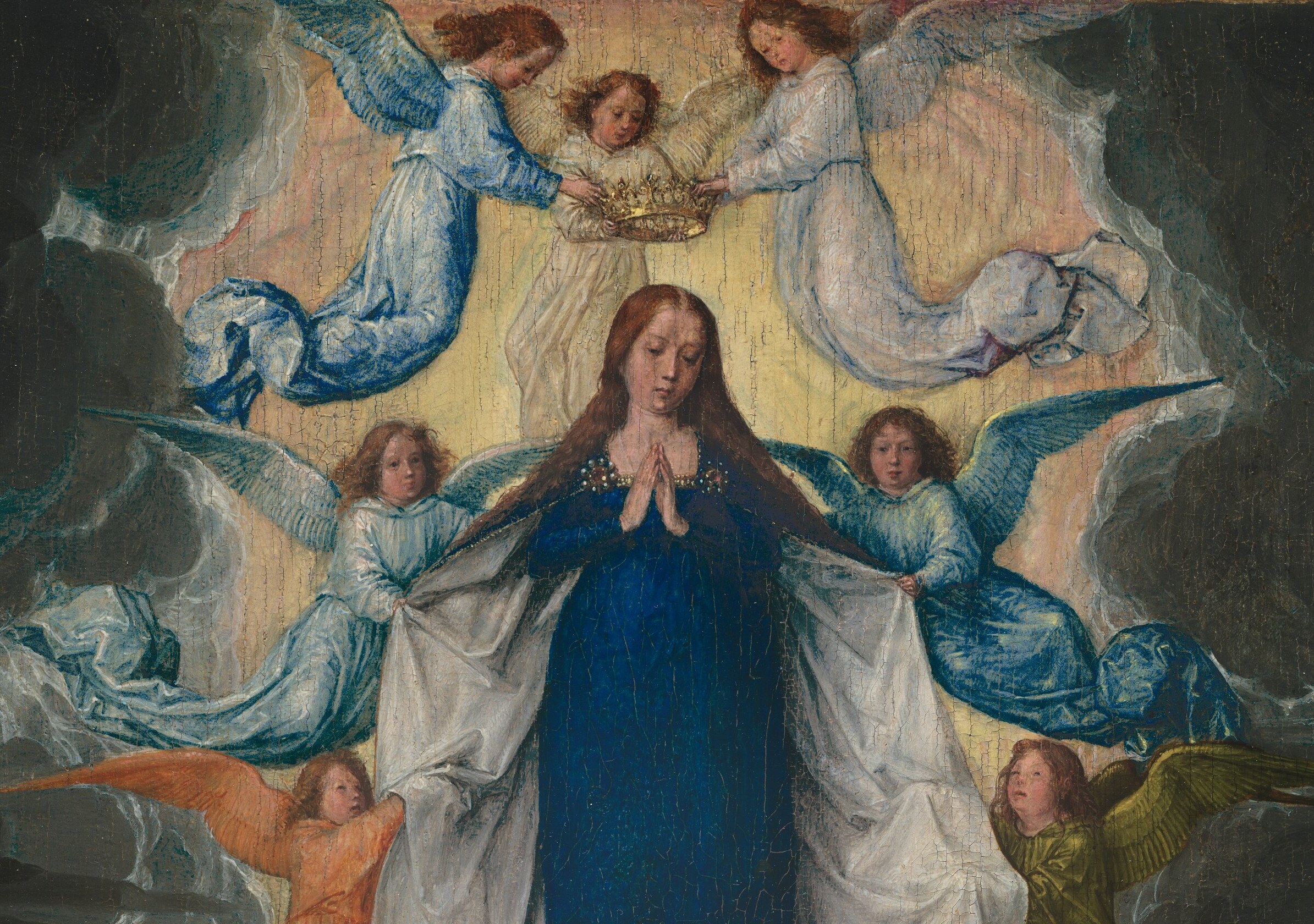Around her, a host of angels celebrates her journey.