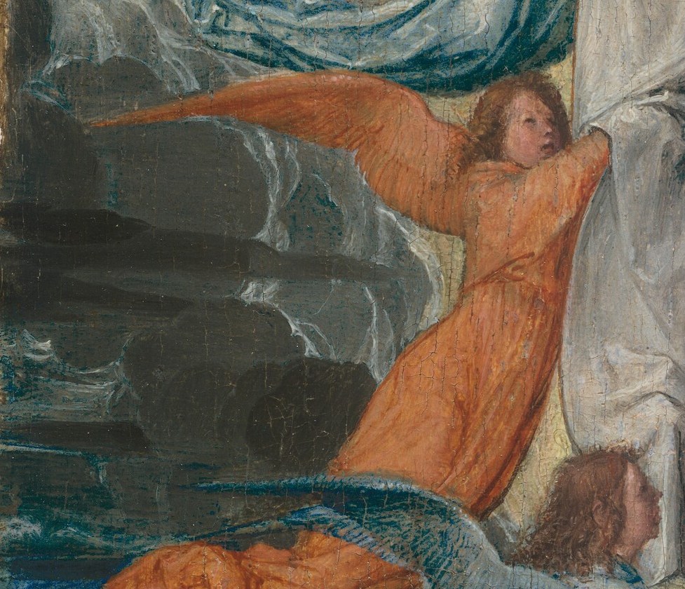 An angel in orange adds an unusual, energetic detail.