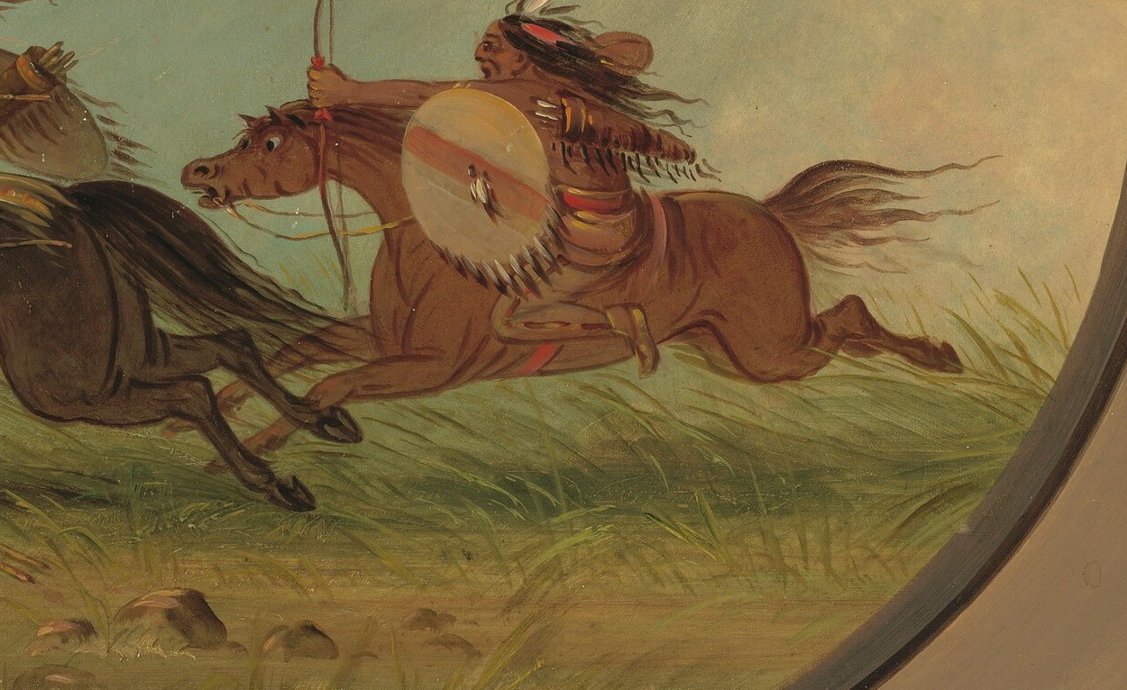 The forward-pointing rifle and determined gaze of this warrior suggest pursuit or imminent action.