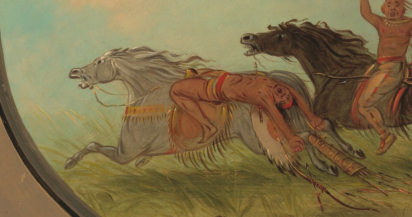 This figure's slumped posture and the bloodied travois suggest defeat or injury, adding a layer of tragedy.