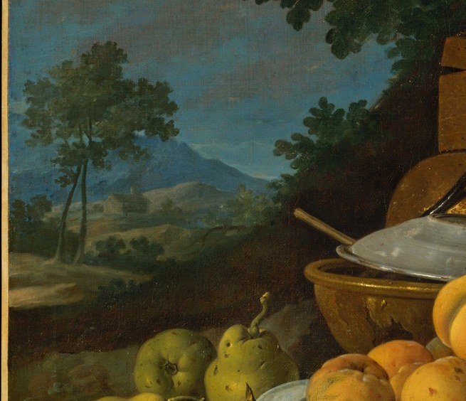 Bread crust, dull and dry. Glossy citrus skin. Woven wicker.