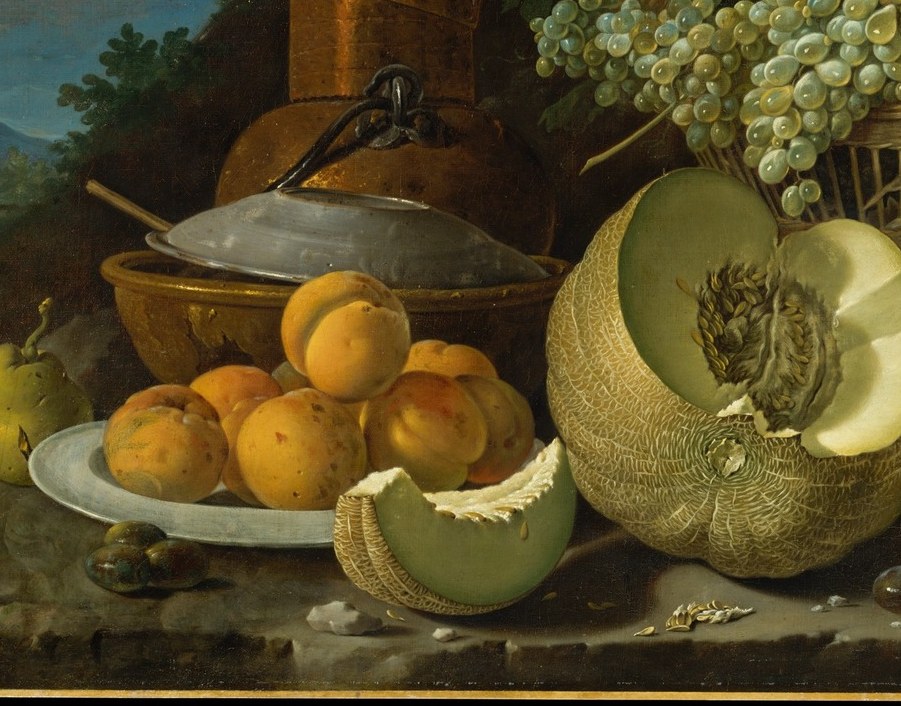 Now the melon. Wet, cool, fibrous flesh beside dusty rind.