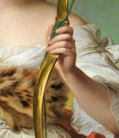 Her hand grips the bow with the ease of someone who has never drawn one.