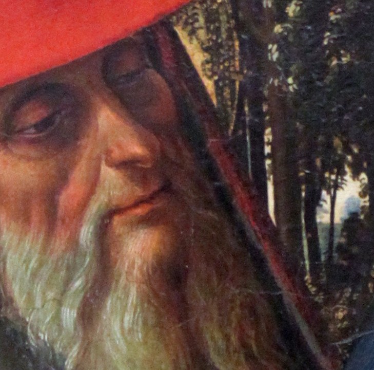 His aged face shows a life devoted to study and prayer.