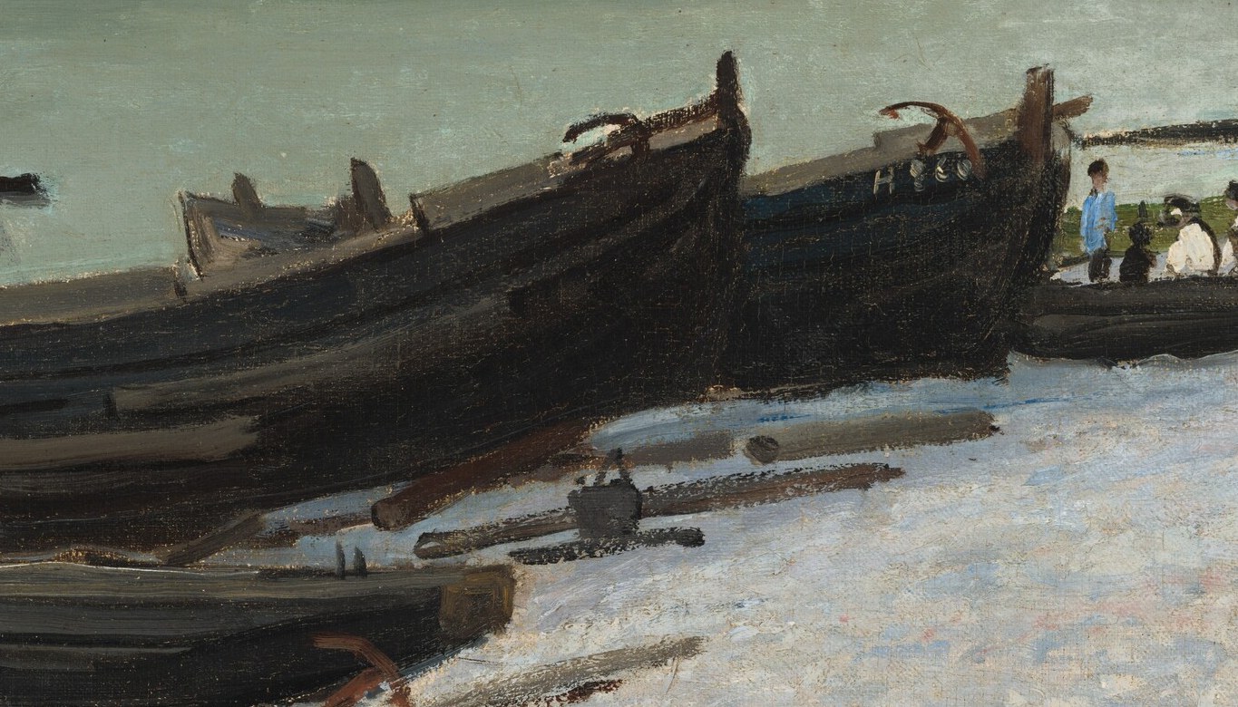 Monet included these massive fishing boats, beached for repair.