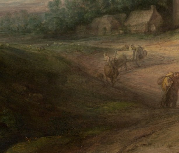 Travellers move along a winding road.