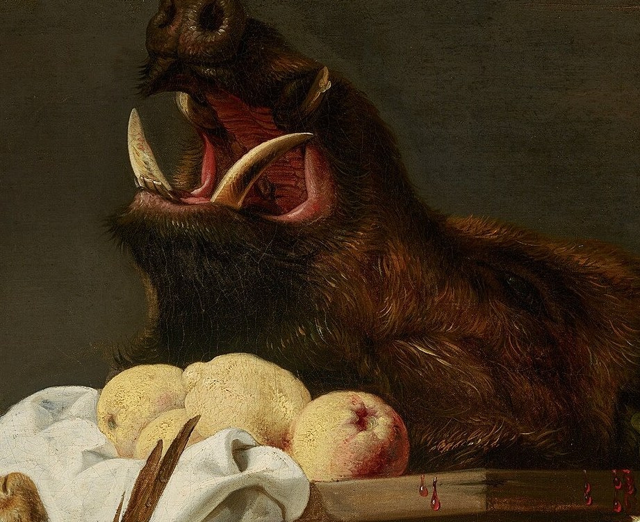 Its open mouth and tusks convey raw power and danger, a stark contrast to the domesticity of the produce.