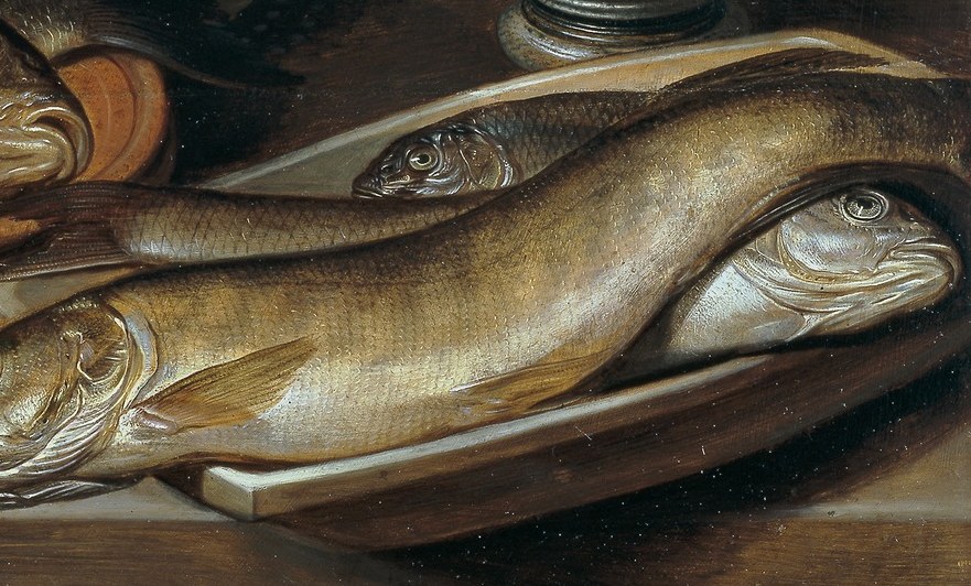 The elongated shape and silvery scales of the pike create a dynamic visual element, contrasting with the carp.