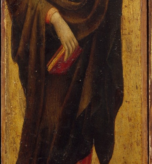 Catherine holds a sword and a palm: beheading and victory.