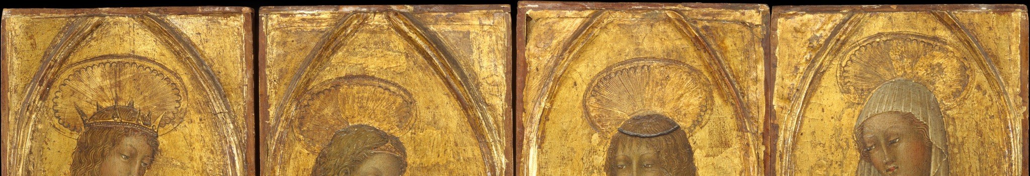 The consistent four-cusped arch format creates a visual litany , four martyrs equal in dignity, presented like illustrated prayer cards in a single breath of devotion.
