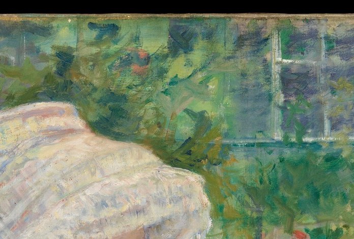 The slight tilt and averted gaze create a mood of private absorption , the viewer is observing unobserved, Cassatt's signature intimacy