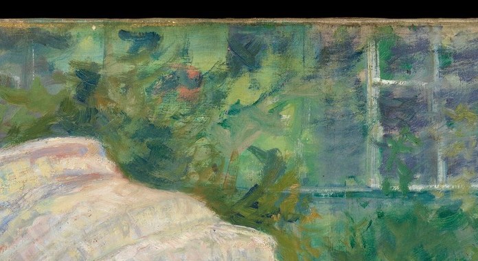 The brightest value in the composition, it anchors the eye immediately and signals leisure-class domesticity typical of Impressionist subjects
