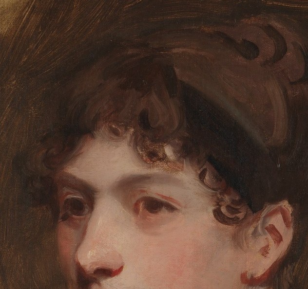 The voluminous, dark curls frame her face and add to the romantic, fashionable silhouette of the era.