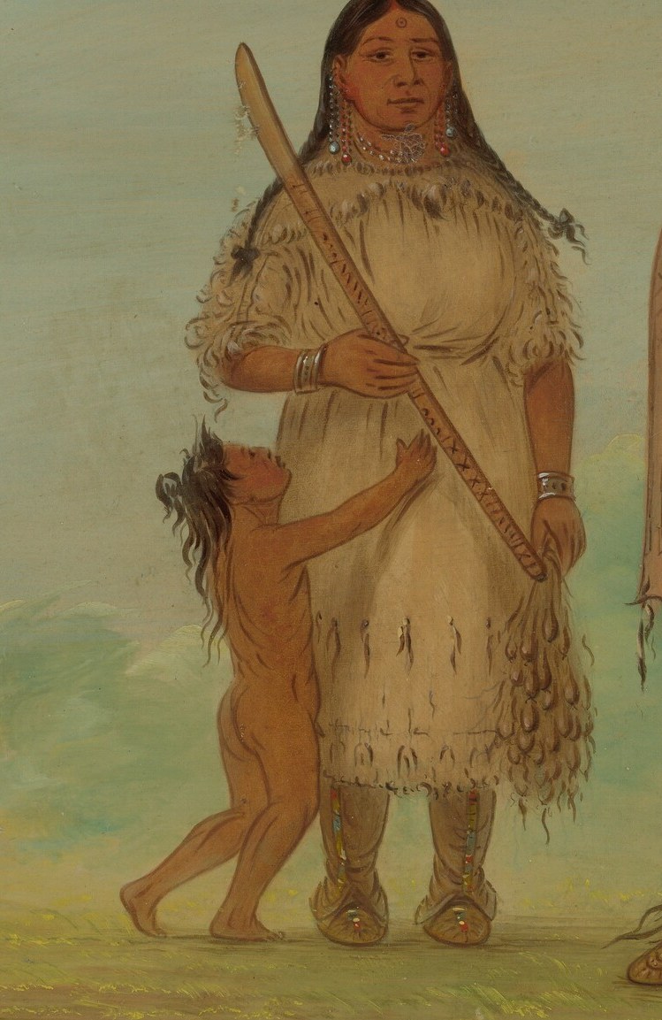 Another woman holds a spear, suggesting protection or community roles.