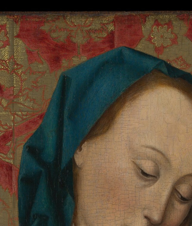 The downward tilt and softly closed eyelids convey meditative devotion; the smooth oil transitions across cheek and brow are the technical showcase of the work.