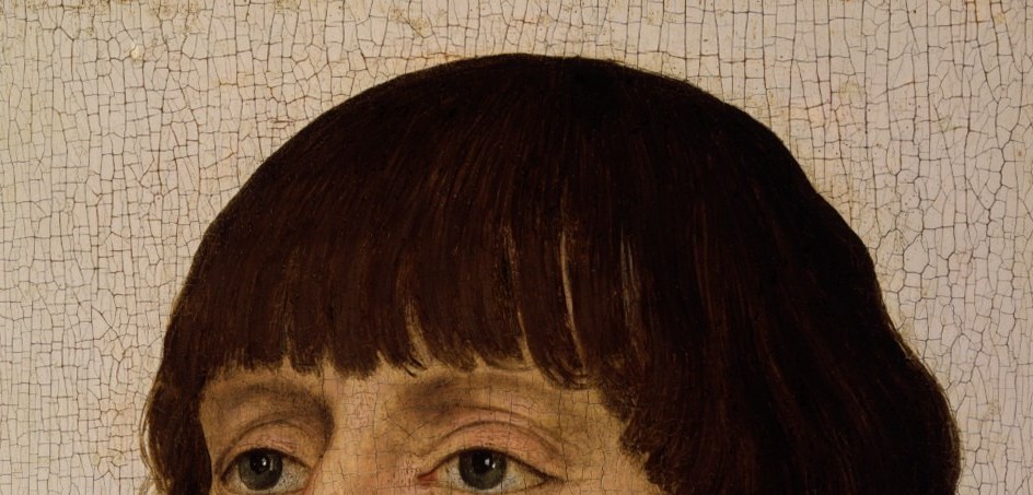 The severe geometric haircut is a hallmark of Burgundian court fashion c.1460 and helps date the work precisely; it frames the face like an architectural arch.