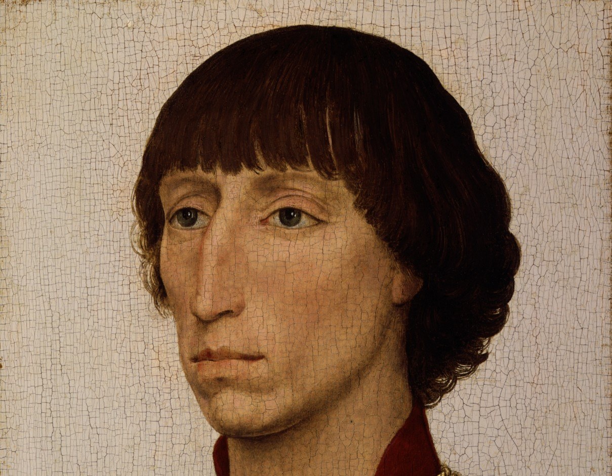 The featureless background , a departure from earlier Flemish landscape windows , concentrates all psychological weight on the sitter, marking van der Weyden's mature austerity.