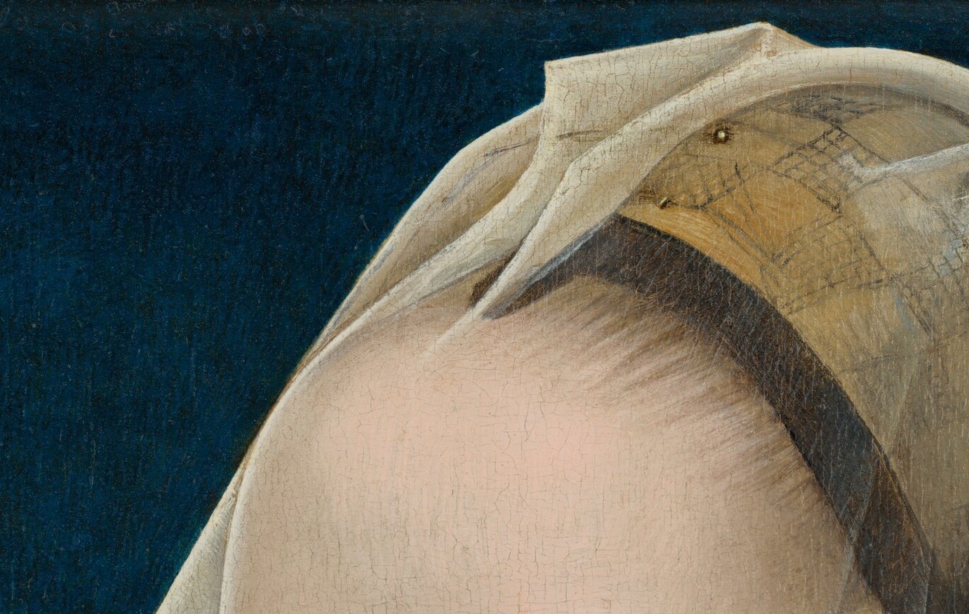 A gold mesh snood confining every strand of hair signals Milanese court status; its fine lattice texture is a tour-de-force of micro-brushwork that rewards tight close-up.