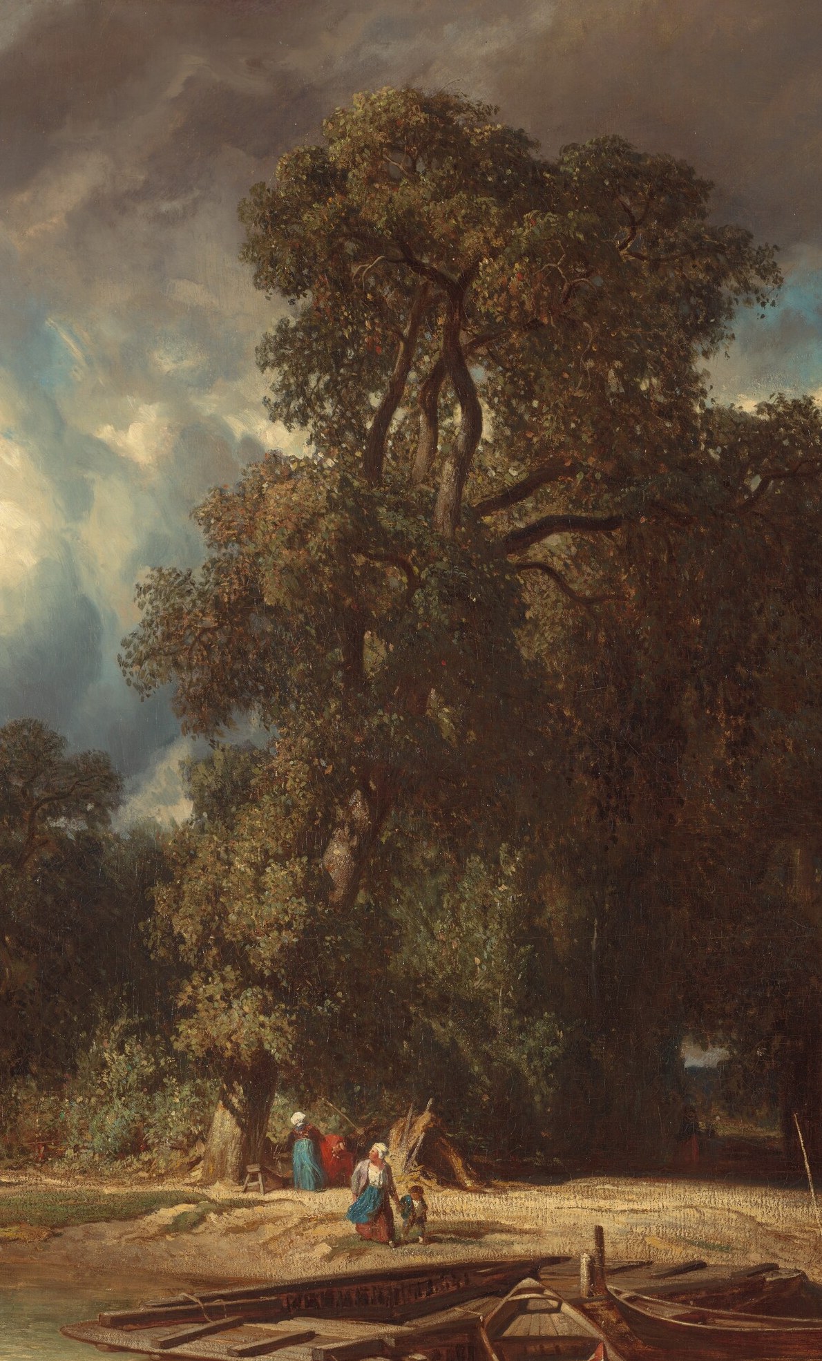 A classic Barbizon compositional anchor standing silhouetted against the turbulent sky , its sheer scale dwarfs the human figures below and mediates between earth and storm.
