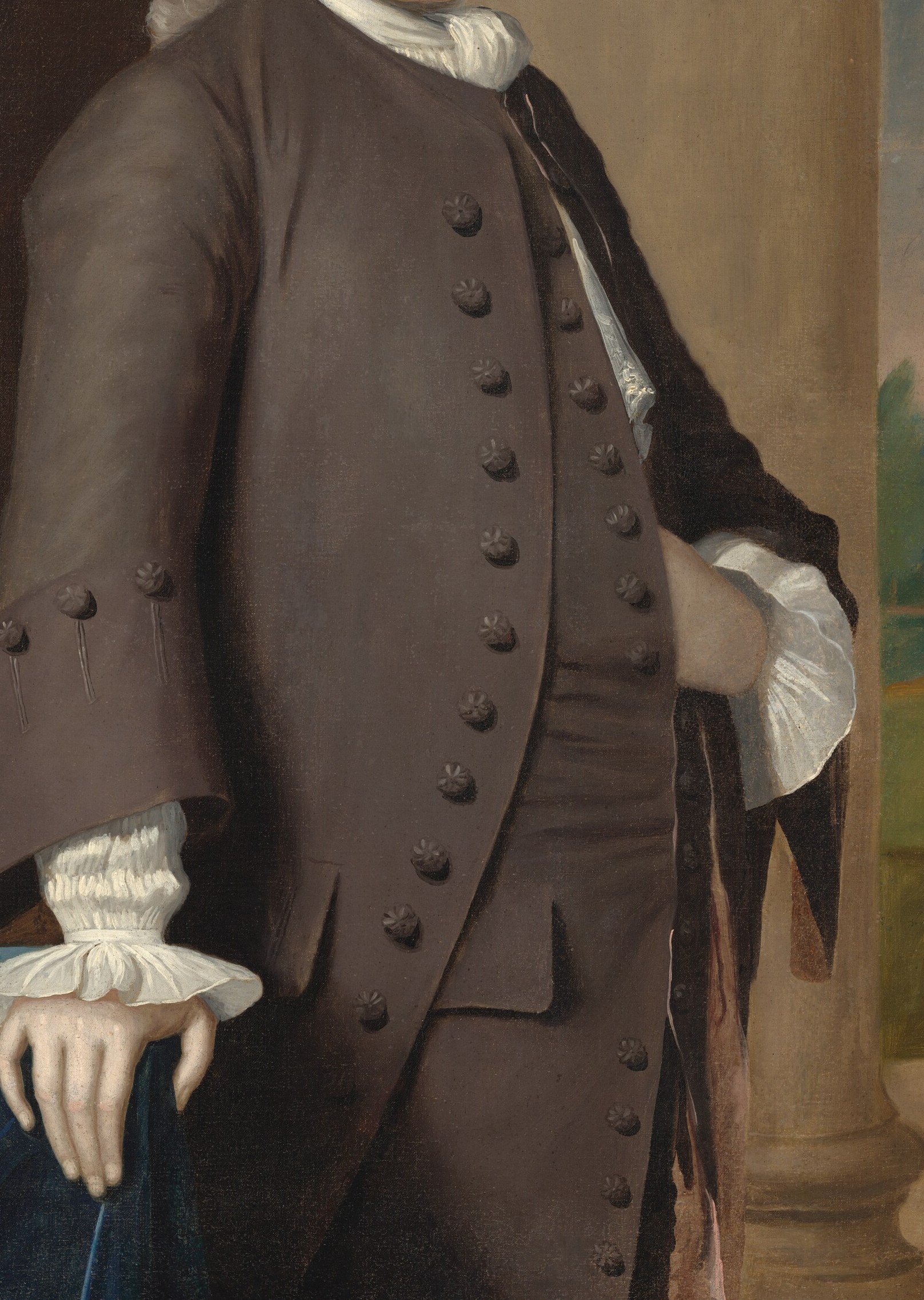 The rich texture and subtle sheen of the fabric, along with the decorative buttons, emphasize his wealth and importance.