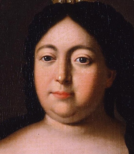 Her solemn gaze conveys authority.