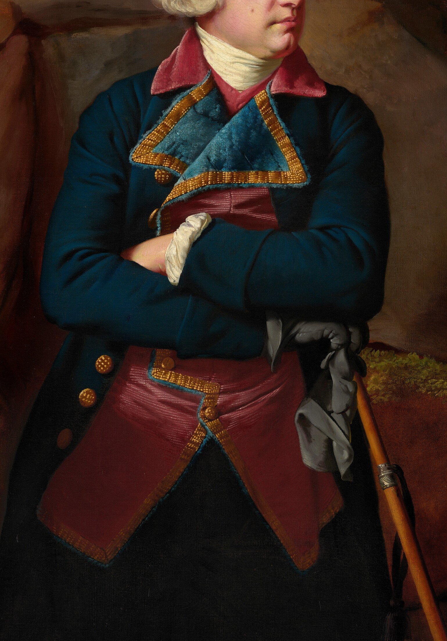The rich blue fabric and gold trim showcase the sitter's wealth and fashion sense.