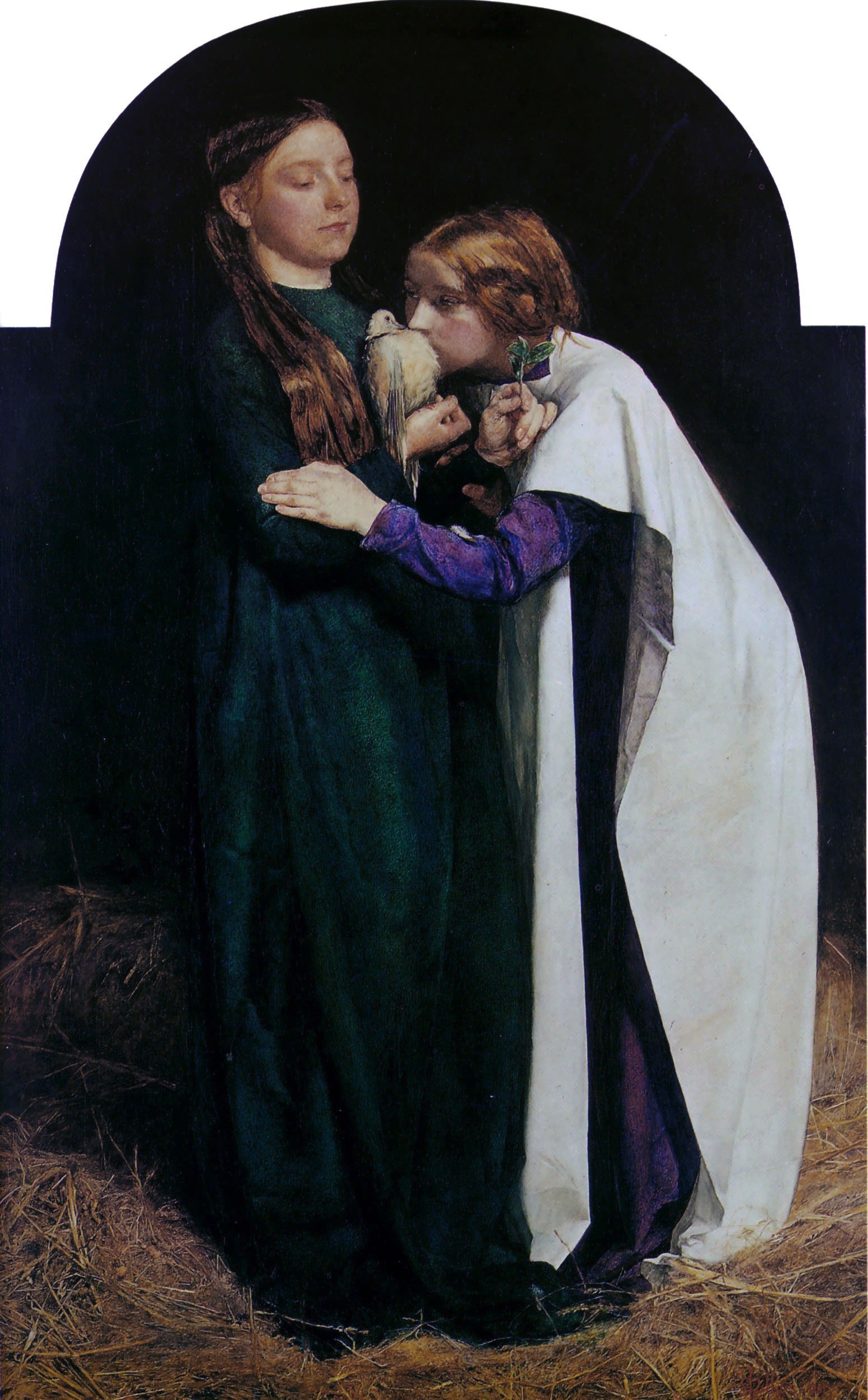 The deep, almost black background isolates the figures and the dove, intensifying their emotional impact.