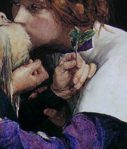 Her face is turned towards the dove, conveying tenderness and focus.