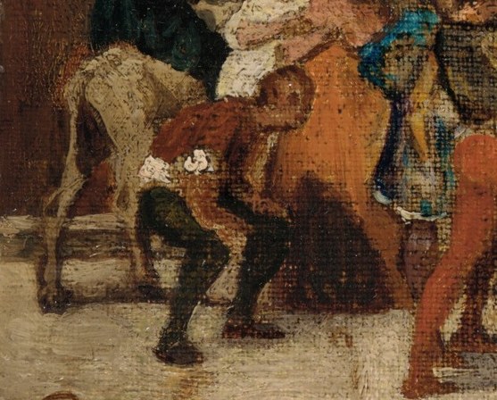 A miller and his son lead their donkey to market.