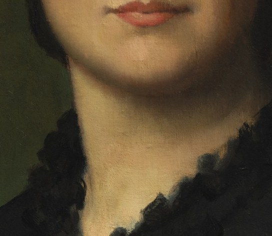 The dark, rich fabric and sharp neckline emphasize her posture and the elegance of her attire.
