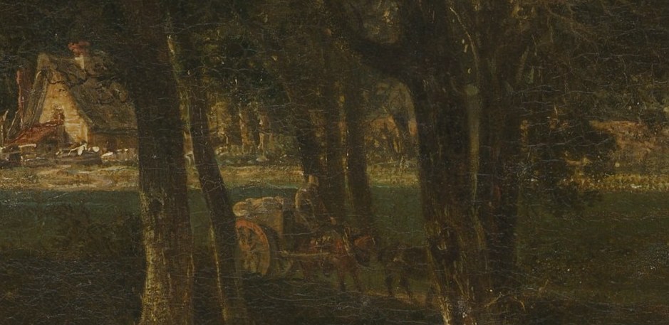 In the distance, a small village emerges, subtly rendered.