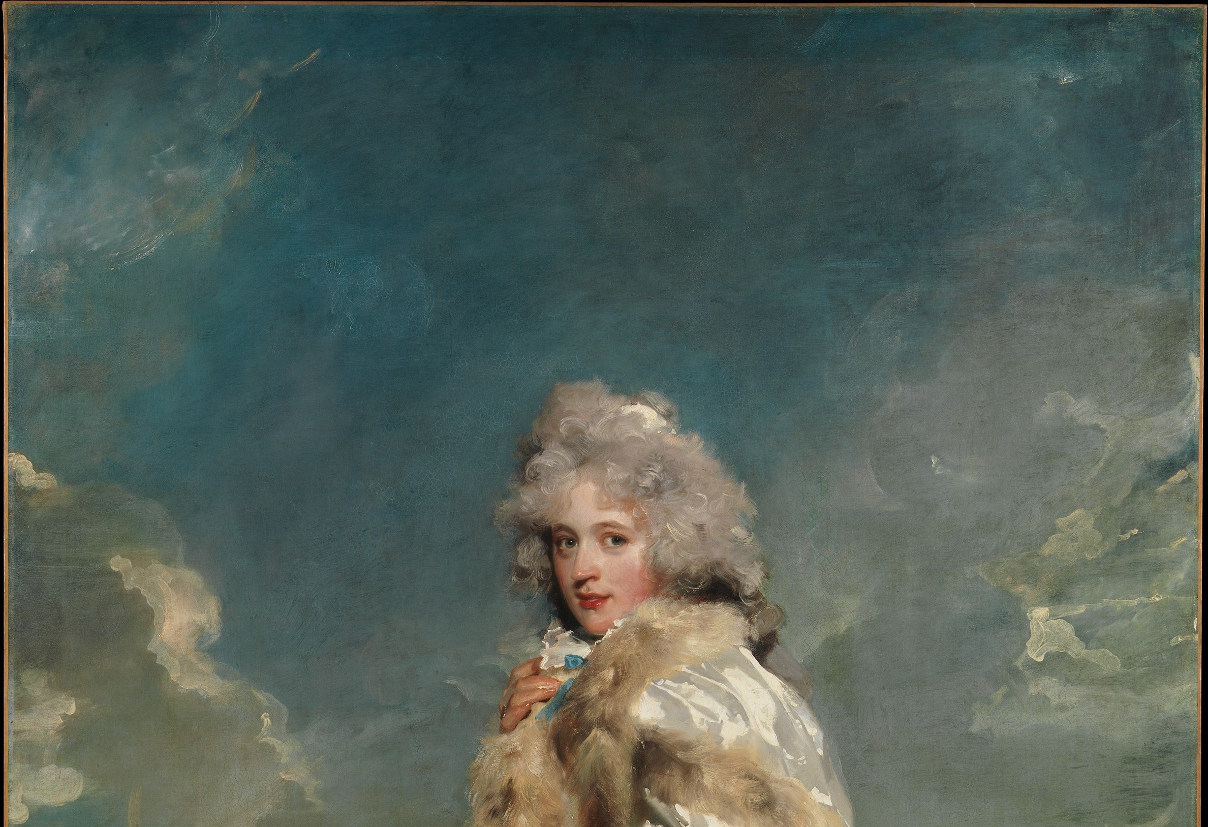 The swirling, back-lit sky is not pastoral calm but kinetic weather; it energizes the figure and elevates the scene from society portrait to Romantic statement.