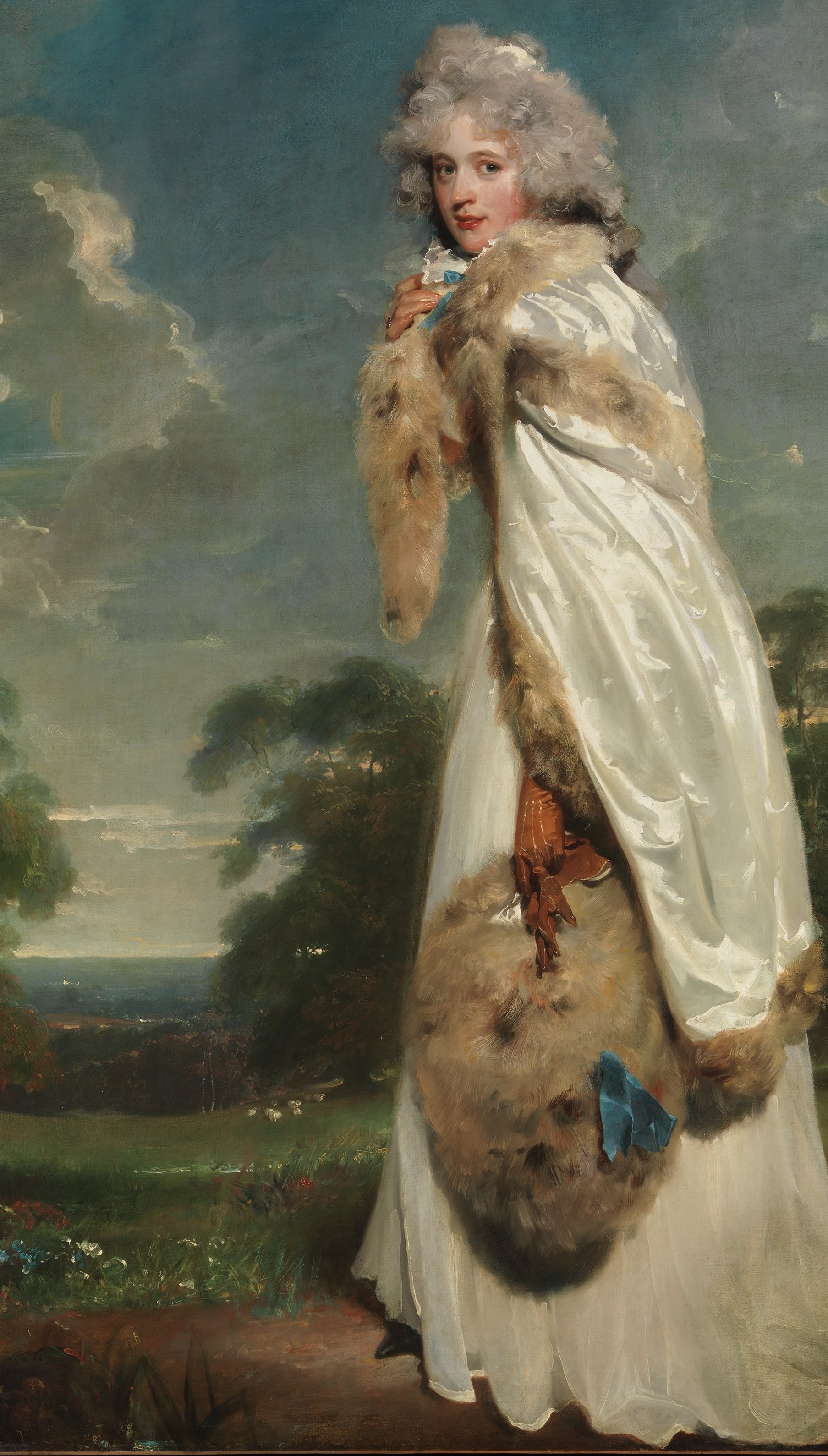 Lawrence's technical showpiece: the white-on-white passage of silk catching light is one of the most virtuoso fabric renderings in British portraiture.