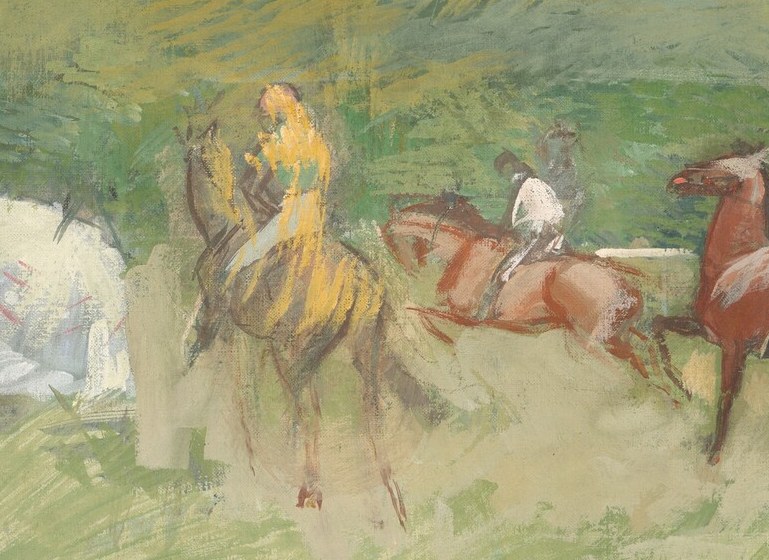 The dynamic pose of the horse and rider captures the energy of the race, with a sense of forward momentum.