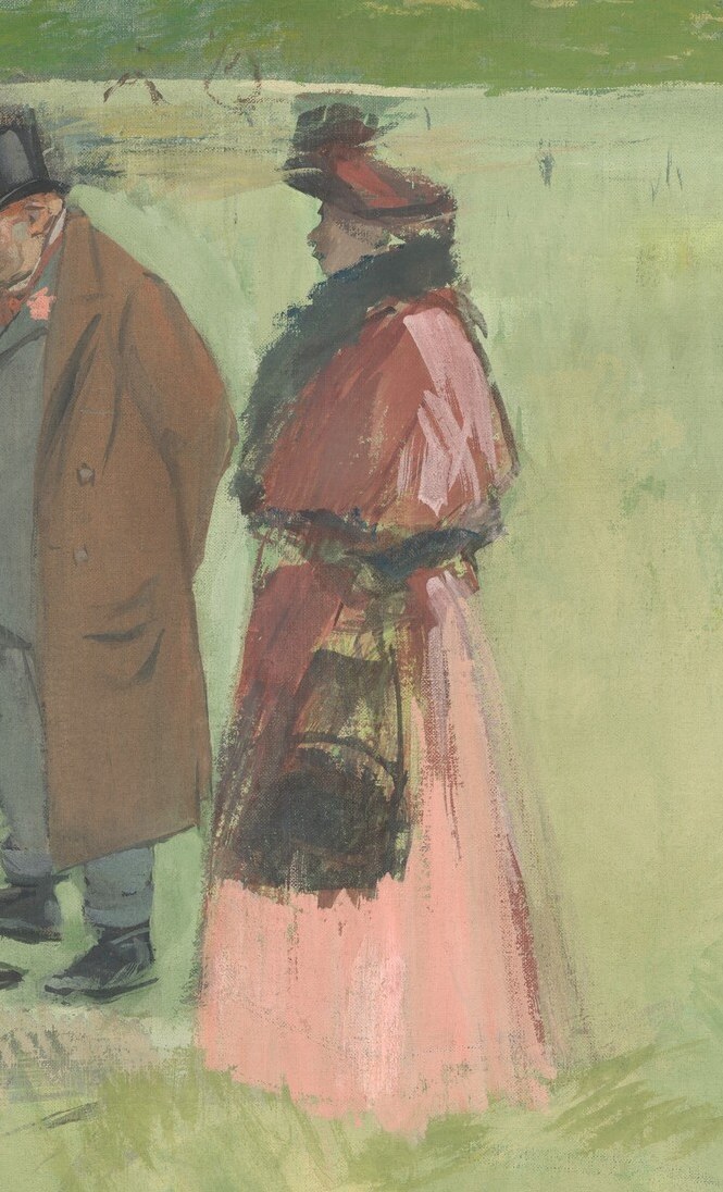 Her elegant dress and hat signify the social aspect of attending such events, highlighting fashion and social standing.