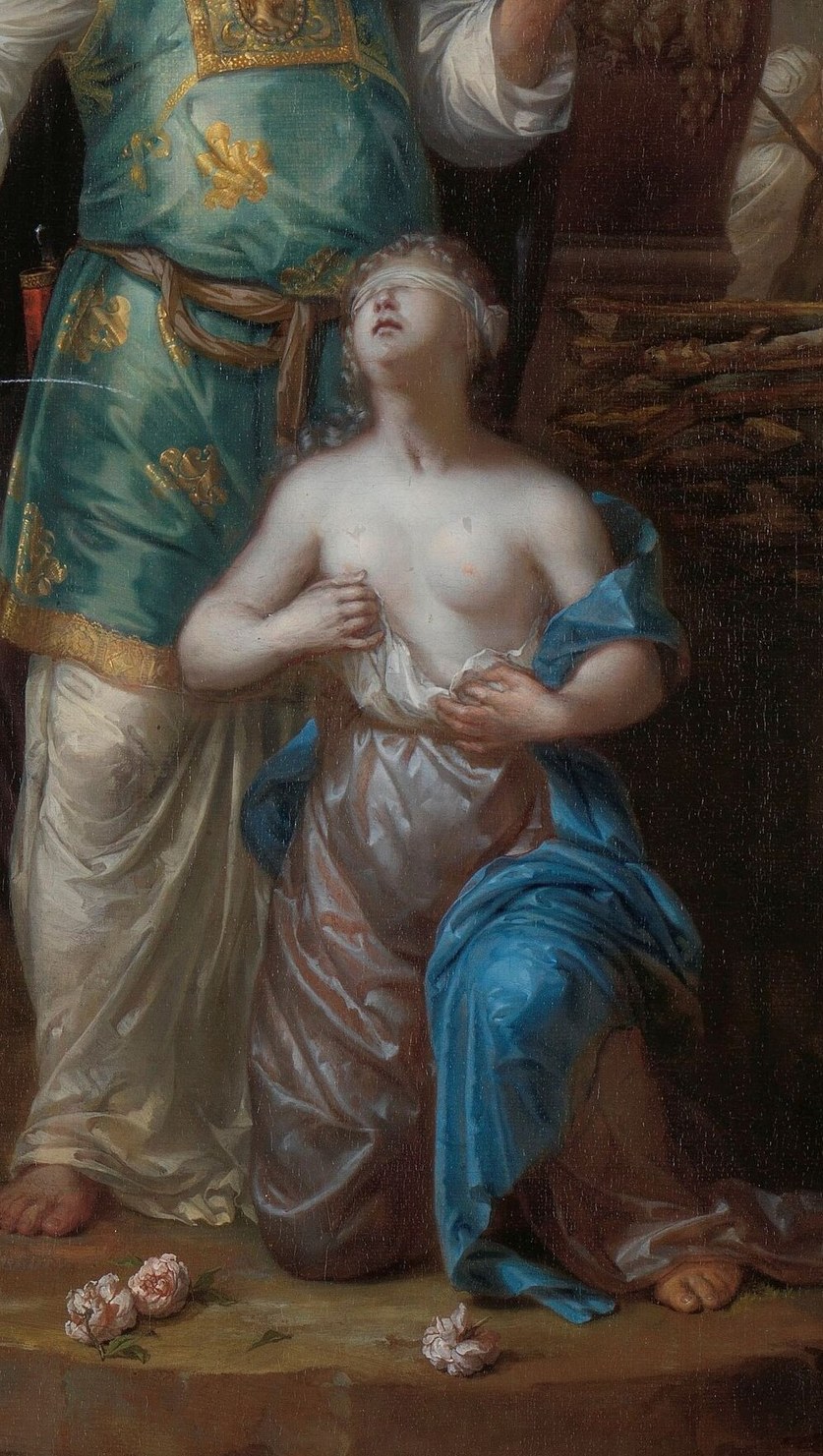 Iphigenia, the daughter, kneels, facing her terrible fate.