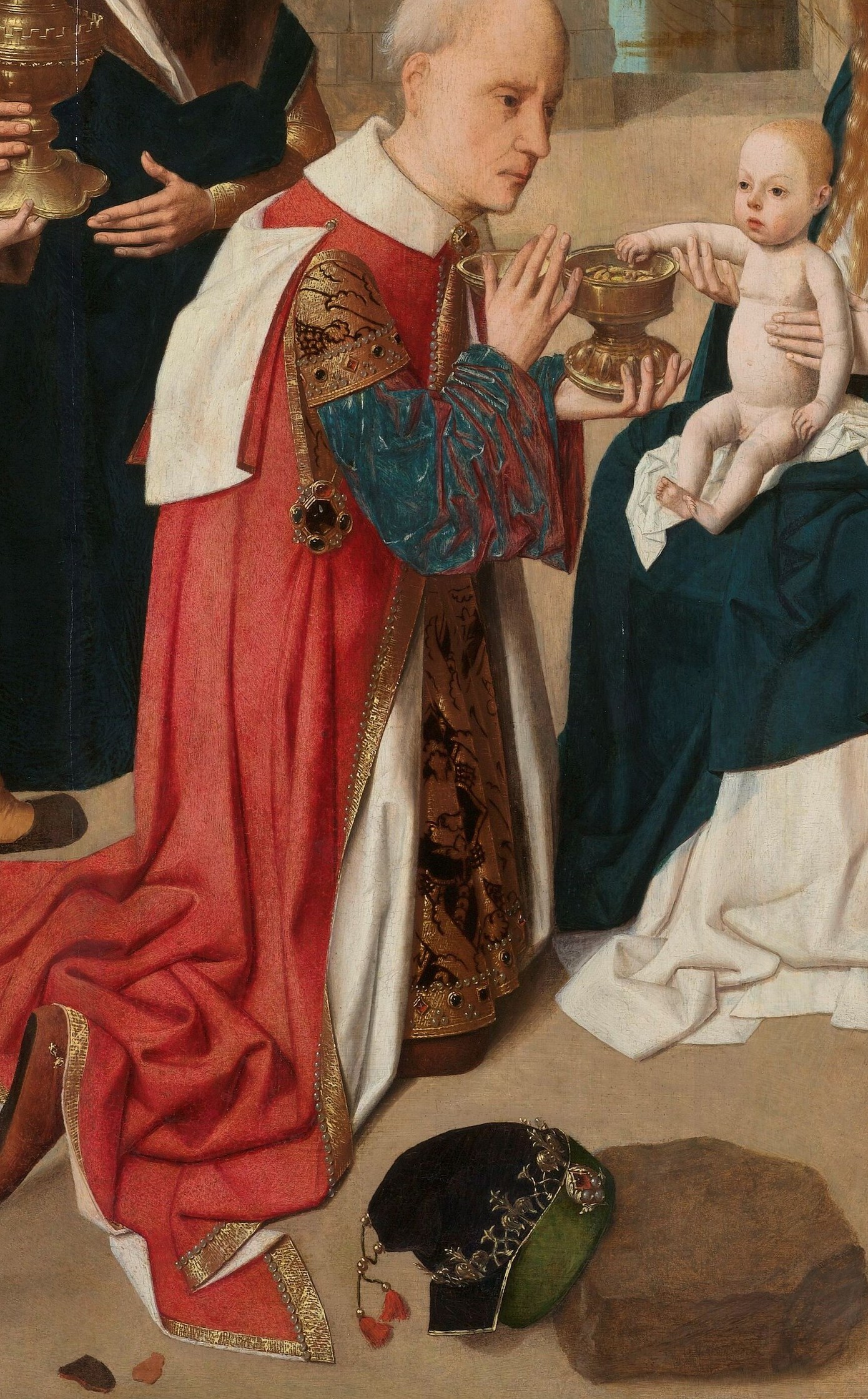The most theatrically humble figure: crown likely set aside, body prostrate , a king abasing himself before an infant is the theological paradox in one image.