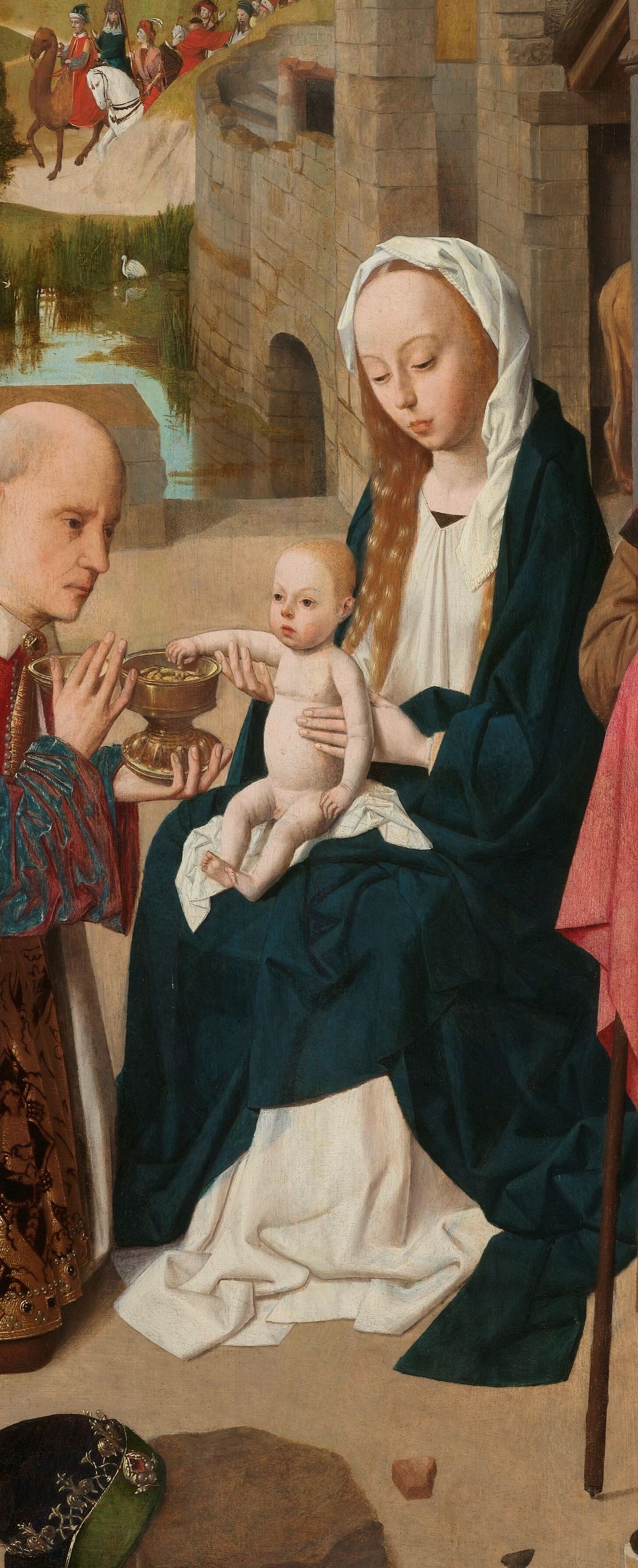 Her calm, downcast expression and blue mantle are the emotional anchor of the composition , the eye keeps returning here.