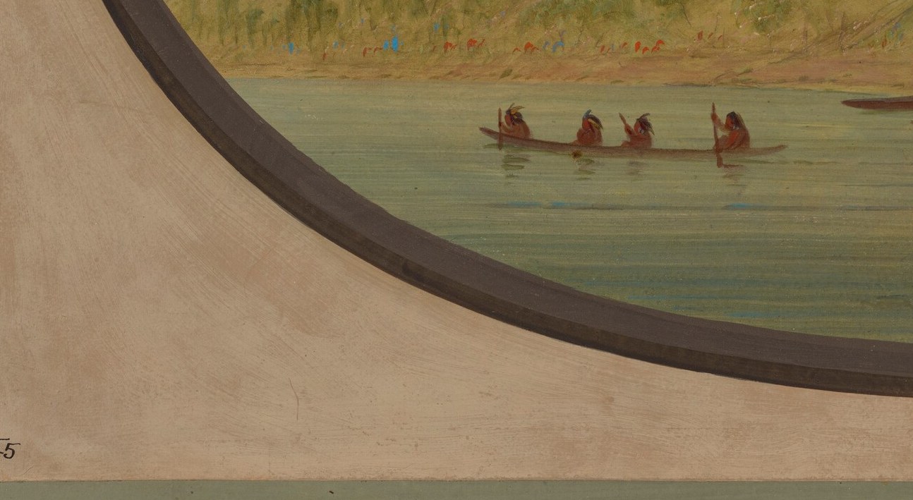 In the foreground, a canoe moves along the river.