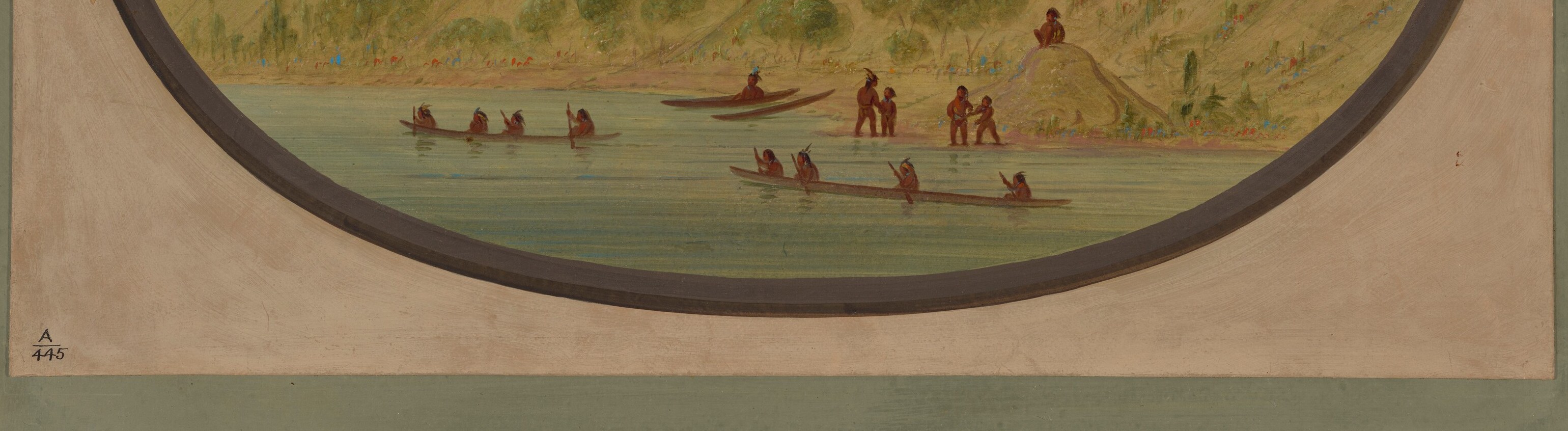 The reflective water surface mirrors the pale sky and creates the painting's primary light source; the river is also a thematic axis , civilization clustered at its edge, wilderness beyond.