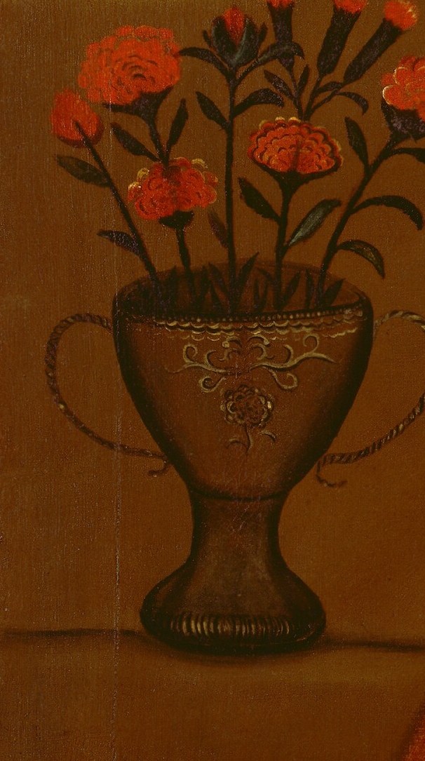A still life element on the left, the detailed vase and vibrant flowers offer a counterpoint to the figure and add depth to the scene.