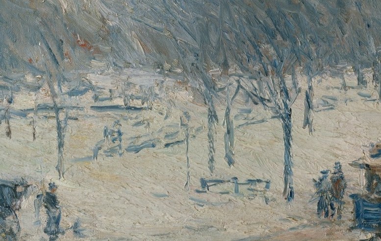 Hunched figures hurry past, dwarfed by the cold.