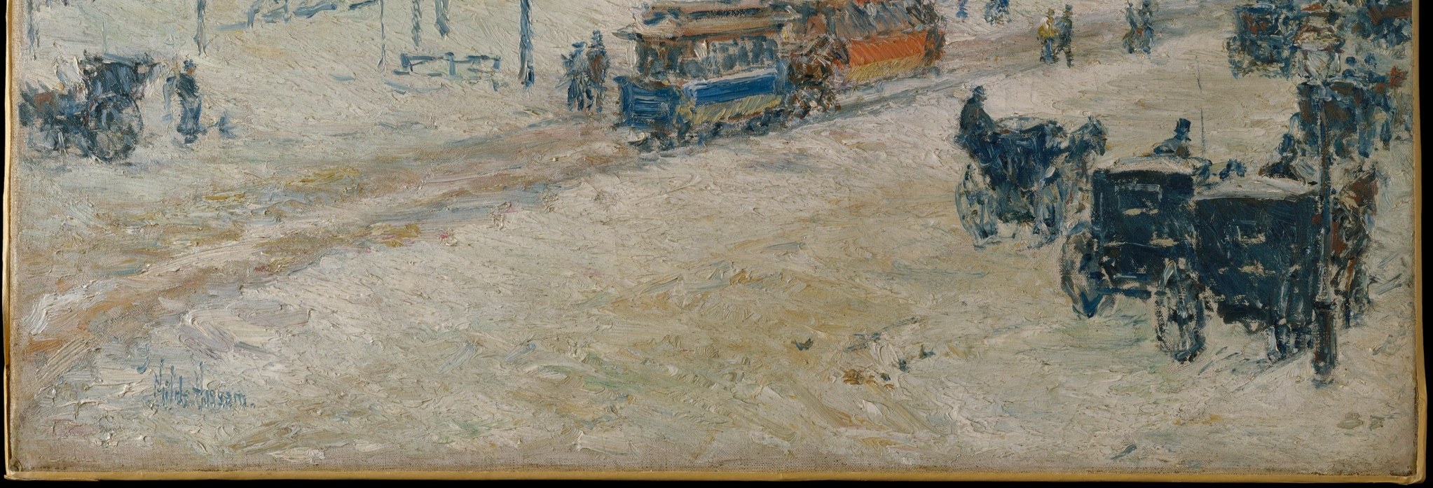 Hassam's loose, directional brushwork here is the technical showpiece , short strokes of off-white and pale lavender build snow's soft, diffuse optical weight.