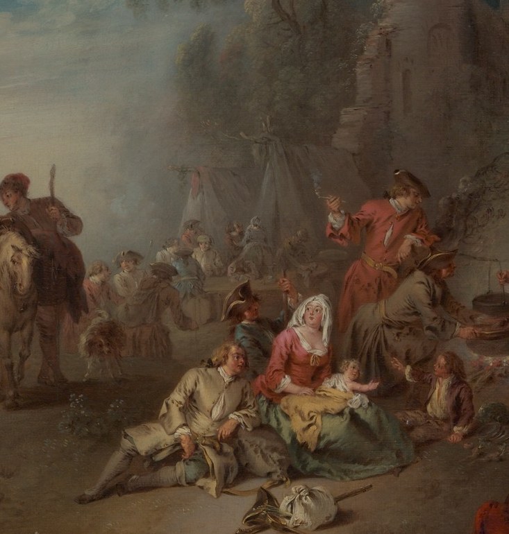 The massed red uniforms are the compositional anchor; soldiers at ease rather than at battle is Pater's deliberate choice, he documents the forgotten hours of a campaign, not its glory.