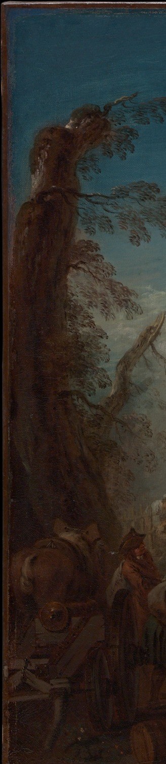 A textbook repoussoir device inherited from Watteau; the near-black bark against the bright sky creates a stage-wing effect that pulls the eye inward and deepens perspective in a single stroke.