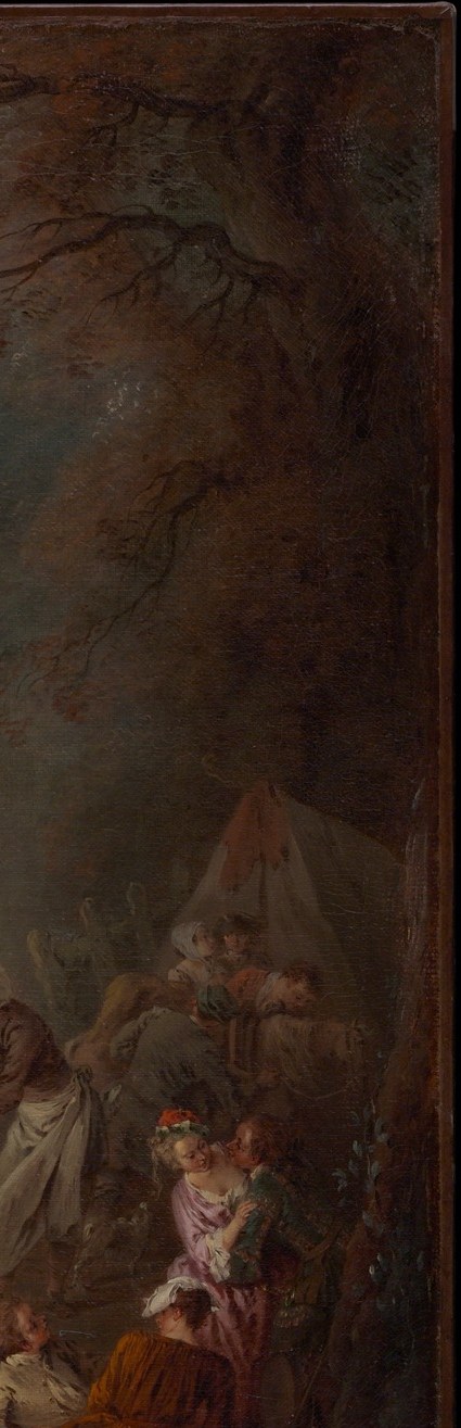 Paired with the left tree, this creates the enclosed-clearing composition Pater learned from Watteau, the troops are literally framed as actors in an outdoor theatre.