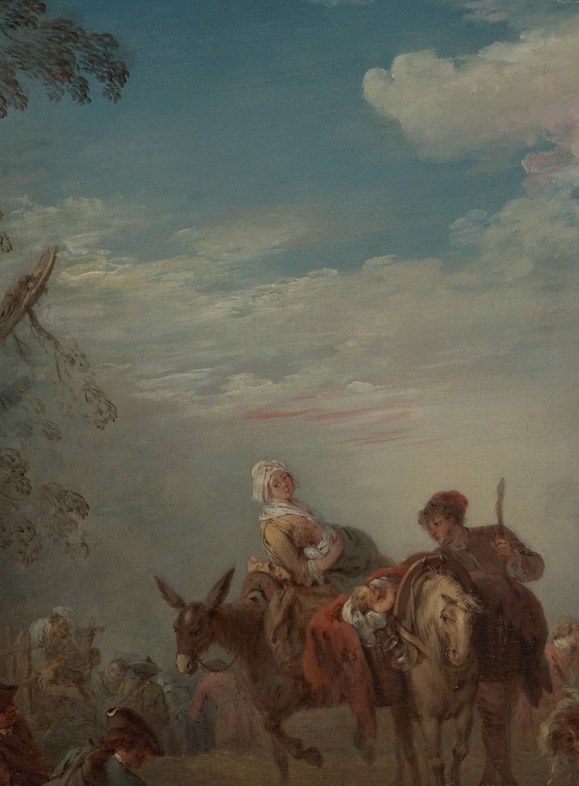 The sole prominent female figure, her civilian attire and elevated position on horseback mark her as a person of status amid the soldiers, a narrative pivot the camera can milk for class contrast.