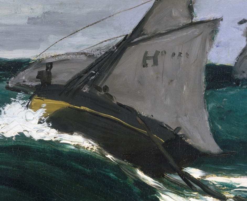 A small sailboat struggles against the immense force.