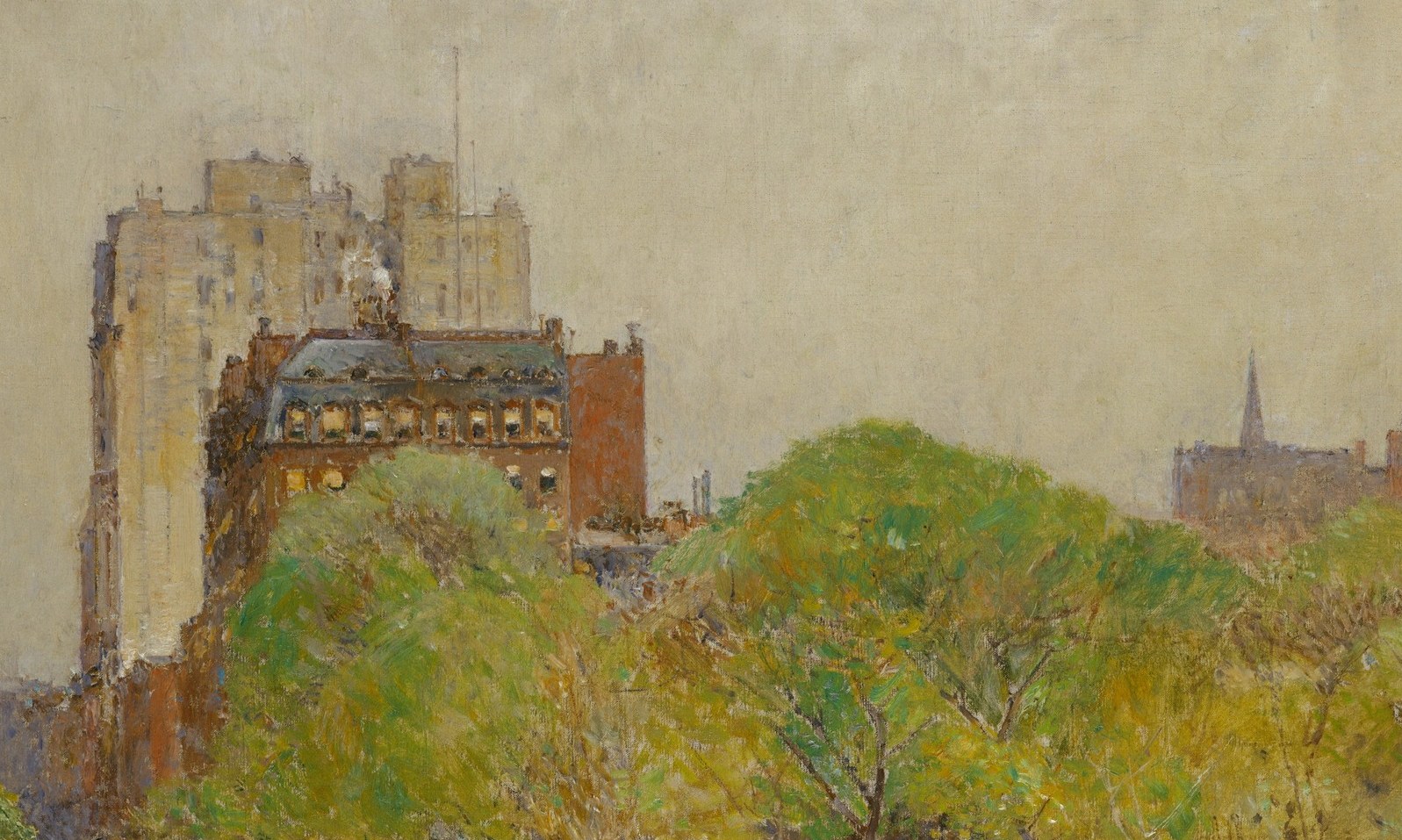 Hassam's signature Impressionist atmosphere, the city seen through luminous spring air, is a painterly technique passage in itself, dissolving hard edges into sensation.